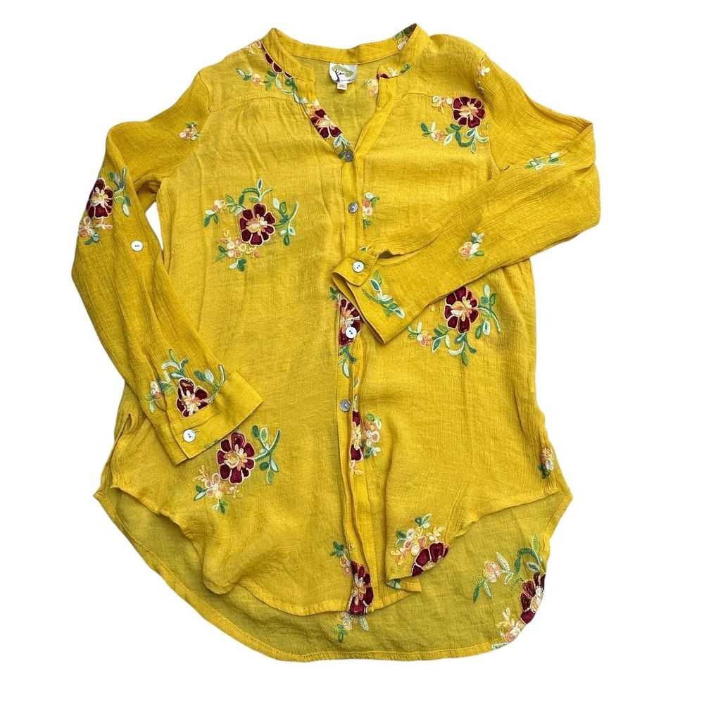 Fig And Flower Blouse Womens Medium Yellow Embroidered Floral Boho Tunic Top